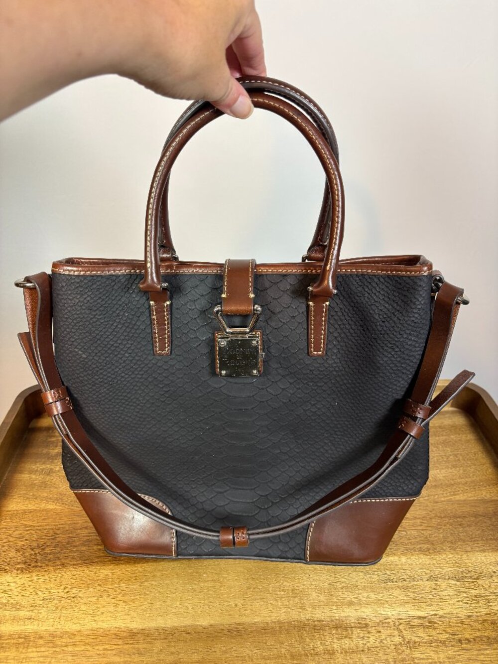 Dooney & Bourke Snake Embossed Black Leather Brown Handled Tote